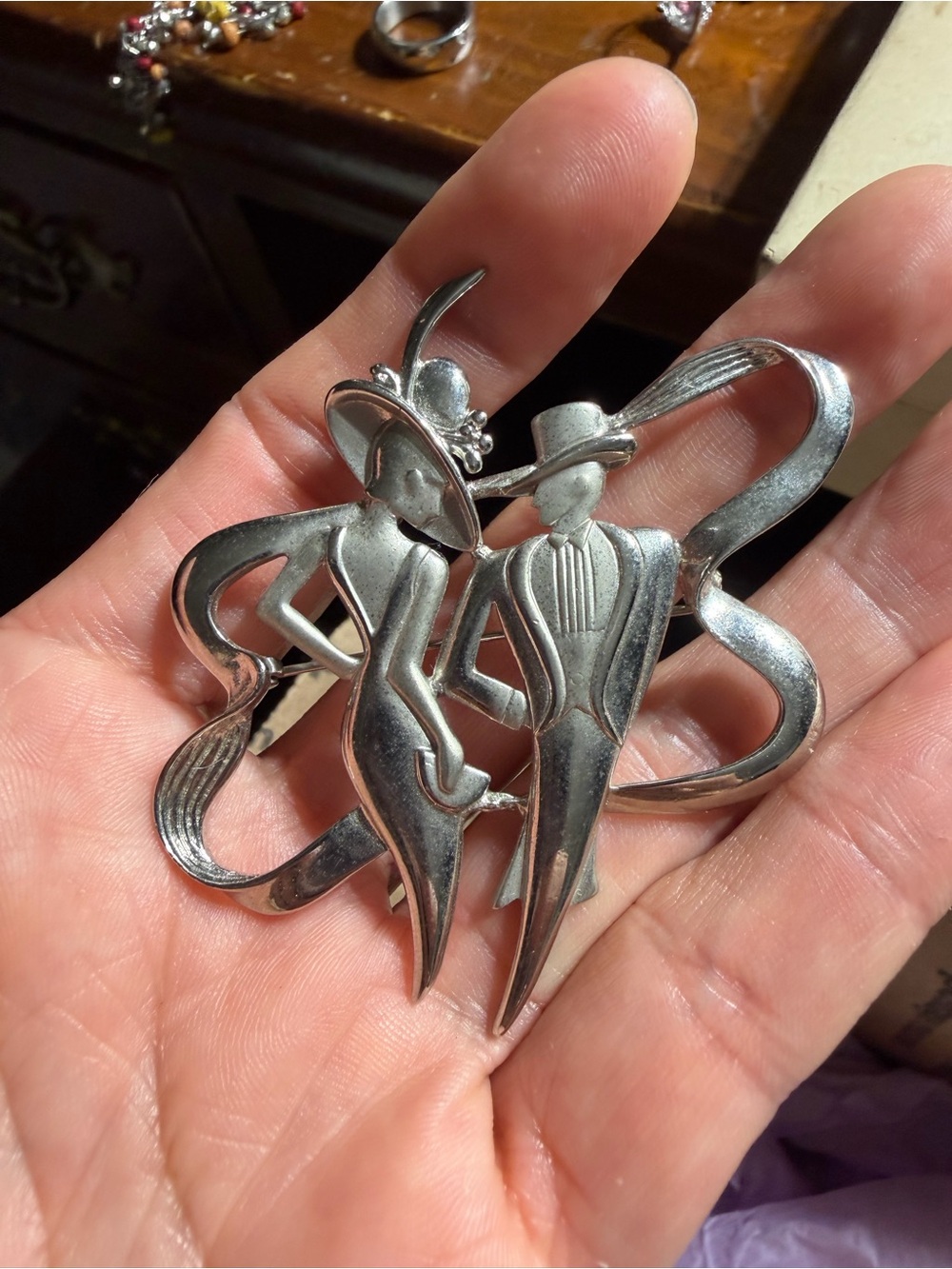 Vintage J.J Silver Tone Dancing Couple Brooch